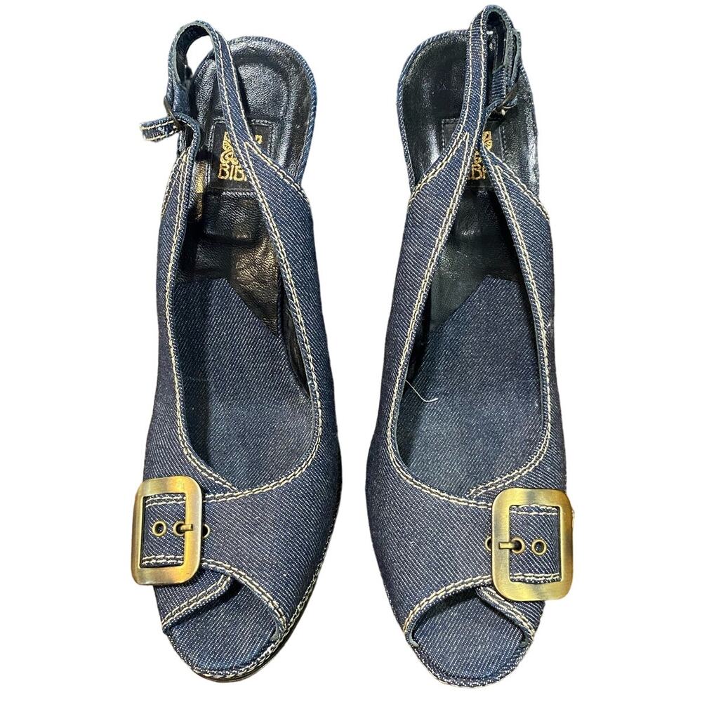 Biba Denim Peep Toe Buckle Heels Sz 41 NWOB